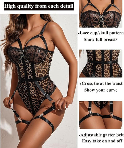 71 Tiger-Strappy Sheer Lace Garter Bodysuit