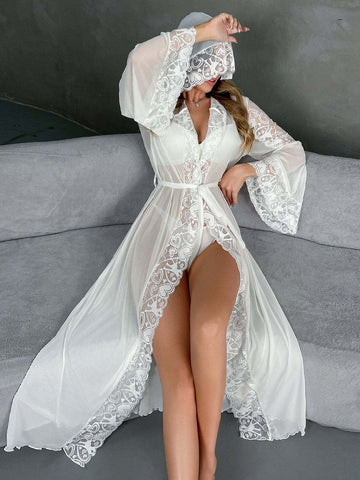 11037 - Women White Sheer Lace Longline Night Robe with Waist Tie-Up