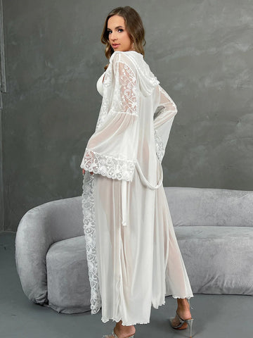 11037 - Women White Sheer Lace Longline Night Robe with Waist Tie-Up