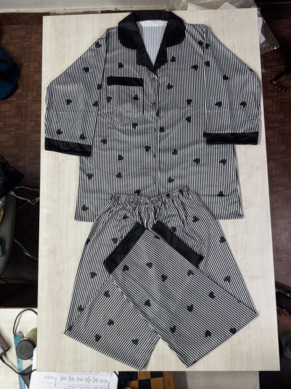 11016-Women Striped Heart Print Comfortable Shirt & Pyjama Nightwear Set