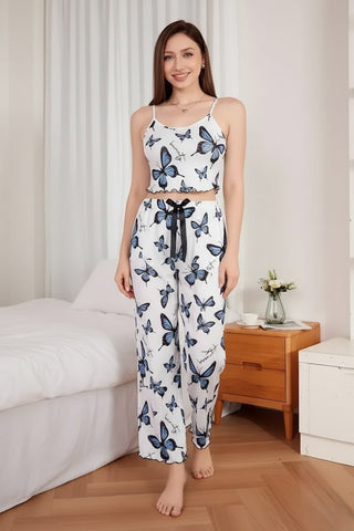 207 - Women White & Blue Butterfly Printed Sleeveless Top & Pyjama Set