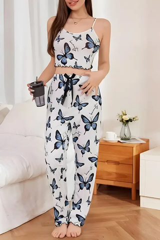 207 - Women White & Blue Butterfly Printed Sleeveless Top & Pyjama Set