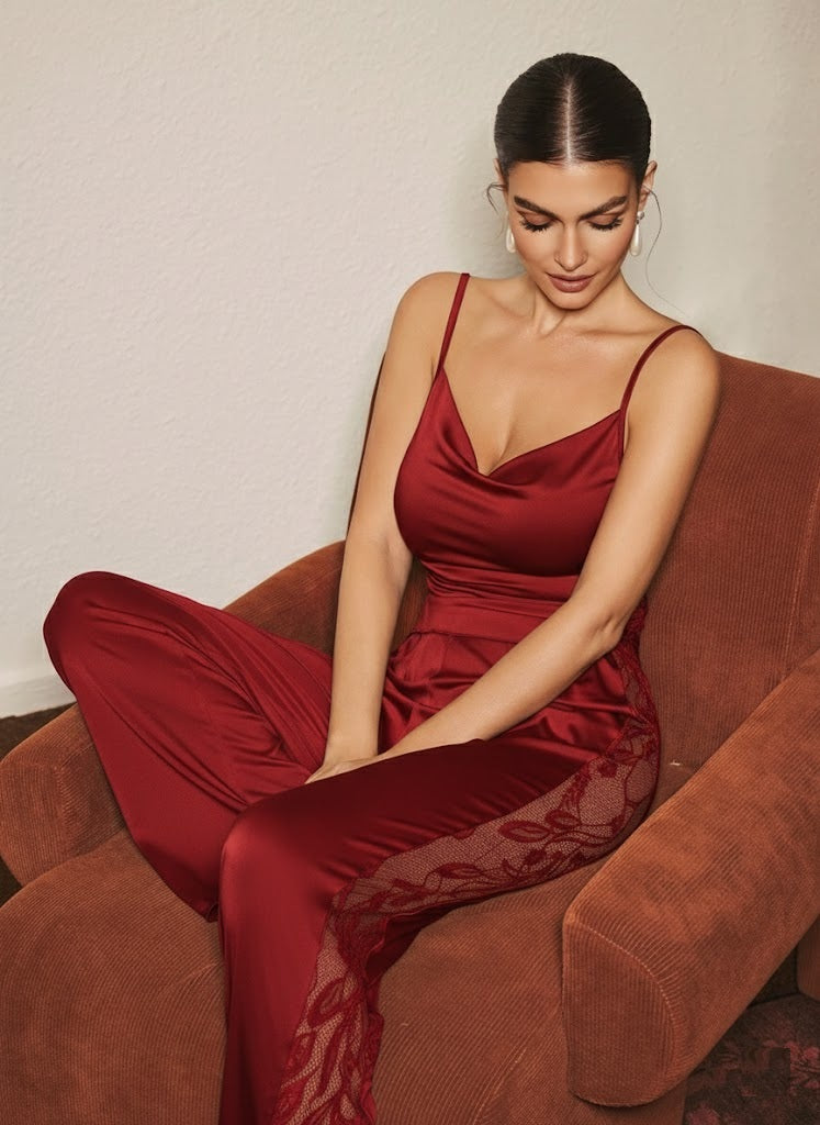 11042-Women Maroon Cami Top & Lace Panel Lounge Pants Set