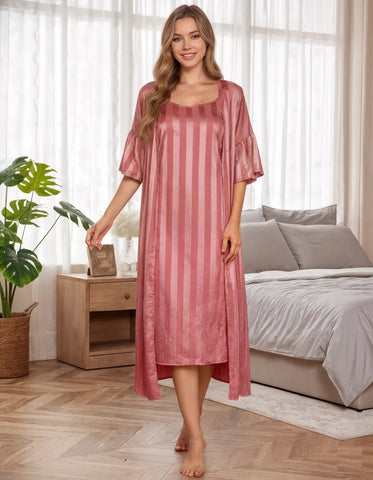 980 - Women Rose Pink Mauve Vertical Striped Satin Nightdress with Open Shrug