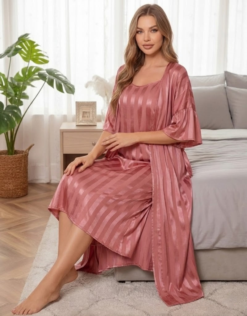 980 - Women Rose Pink Mauve Vertical Striped Satin Nightdress with Open Shrug
