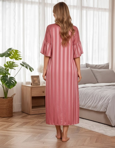980 - Women Rose Pink Mauve Vertical Striped Satin Nightdress with Open Shrug
