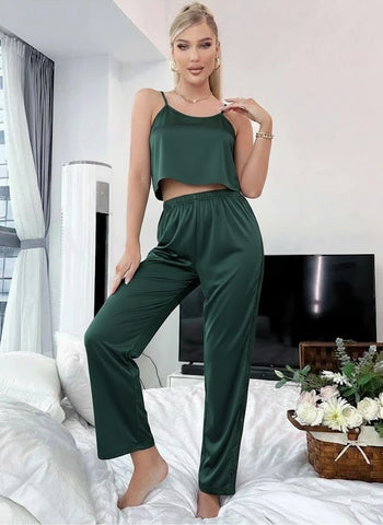 11038 - Women Bottle-Green Solid Lounge Co-Ord Set with Lace Insert Crop Top & Pyjama