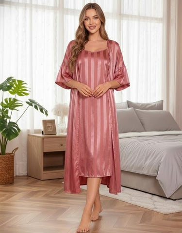 980 - Women Rose Pink Mauve Vertical Striped Satin Nightdress with Open Shrug
